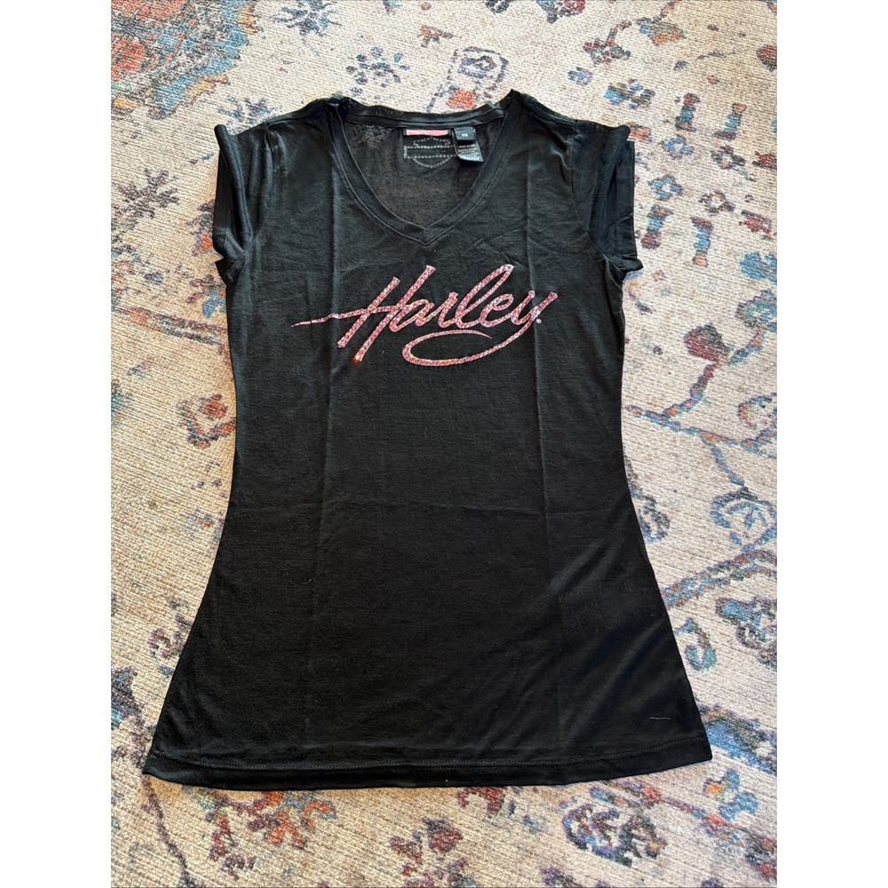 Harley Davidson Woman's Black Biker Top With Pink Bling logo  XS